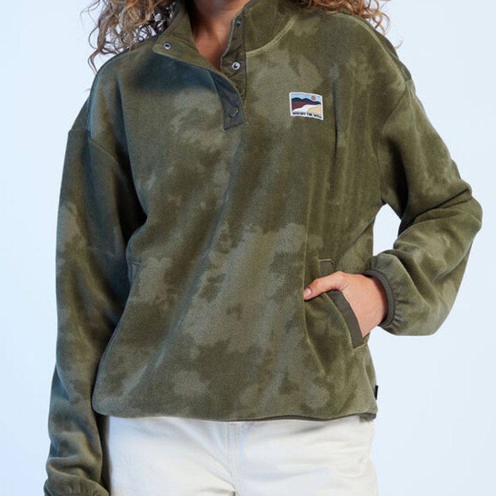 Vans Out There Mock Neck Teddy Camo Sweatshirt Green Fleece Snap Pullover Size S